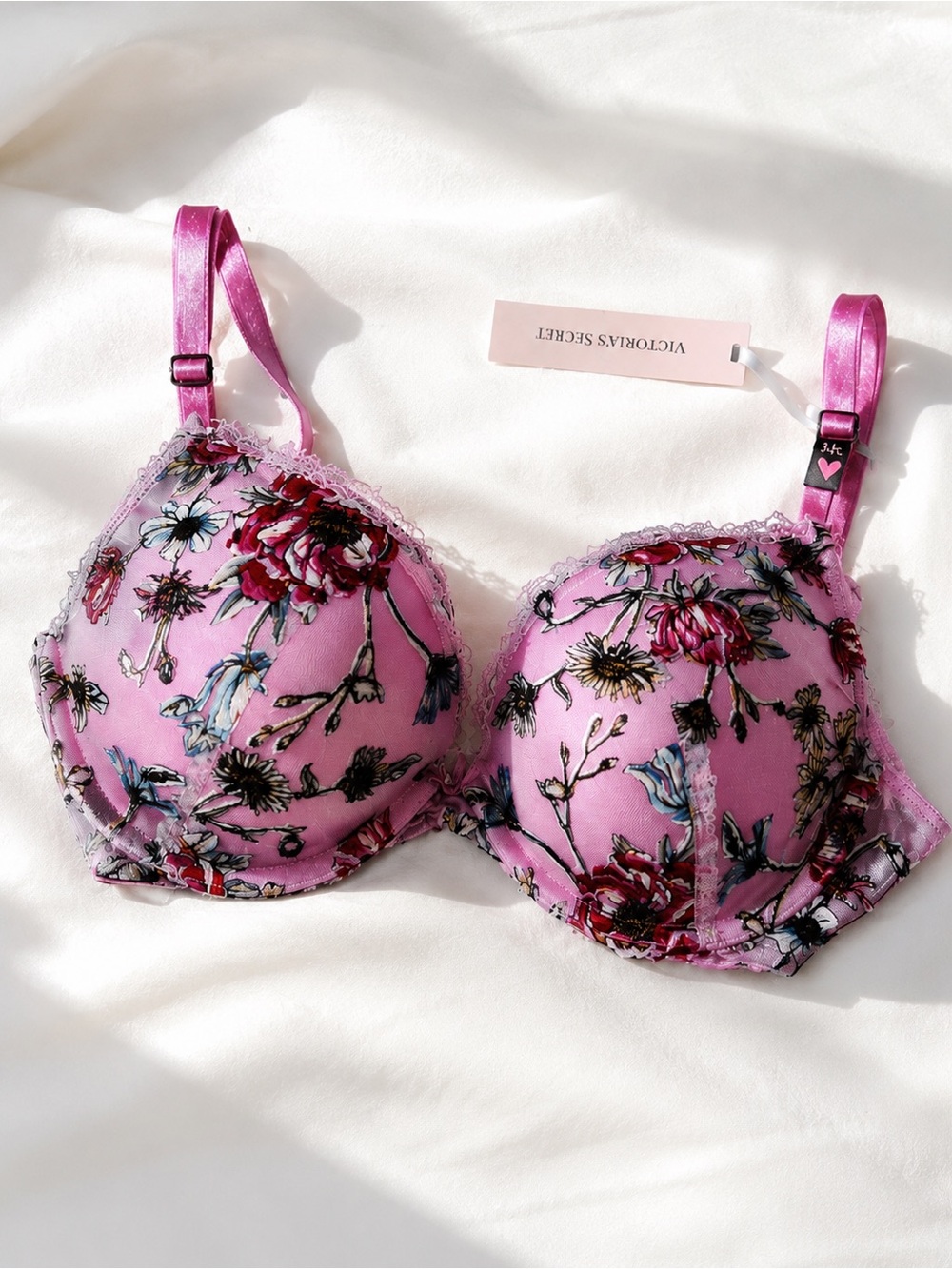 Victoria’s Secret NWT 34C Pink Floral Lace Bra Romantic Sheer Embroider Coquette